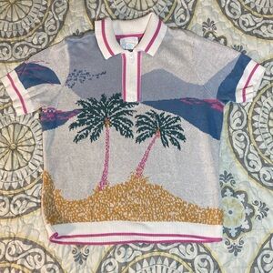 Cynthia Rowley Tropical Sweater Shirt 1/4 Zip Palm Print Short Sleeve Size XL
